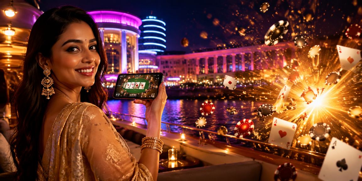 Players enjoying rummy and poker game in Delhi's Connaught Place with neon lights