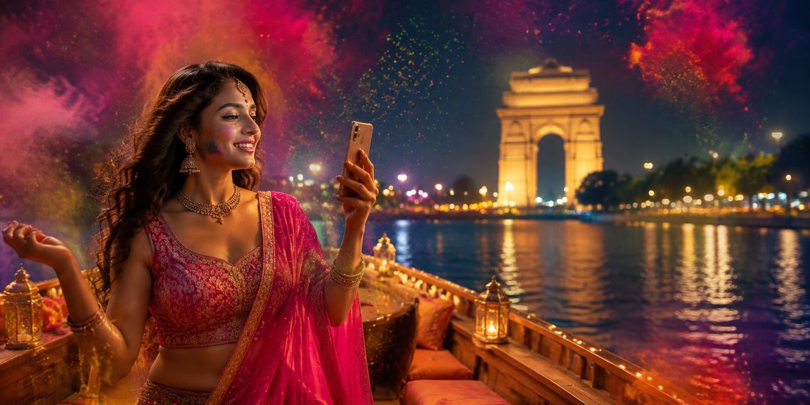 Festive Holi celebration scene near India Gate with slot game display