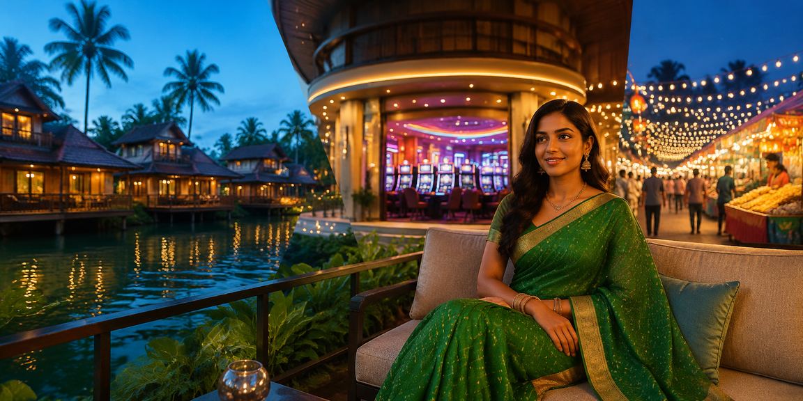 Peaceful Kerala riverside scene with casino betting theme